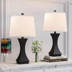 Salem 24.5 In. Black Modern Dimmable Resin Bedroom Living Room Bedside Desk Nightstand Table Lamps Usb Port Set Of 2 -Lamp Parts black maxax table lamps t242 bk 66 1000