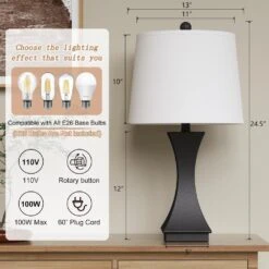 Salem 24.5 In. Black Modern Dimmable Resin Bedroom Living Room Bedside Desk Nightstand Table Lamps Usb Port Set Of 2 -Lamp Parts black maxax table lamps t242 bk a0 1000