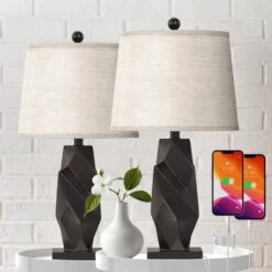 Salem 24 In. Black Modern Dimmable Resin Bedroom Living Room Bedside Desk Nightstand Table Lamps Usb Port Set Of 2 -Lamp Parts black maxax table lamps t243 bk 40 1000