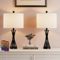 Cincinati 24 In. Black Modern Metal Bedroom Living Room Bedside Desk Nightstand Table Lamps Usb Port Set Of 2