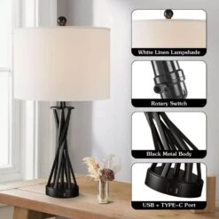 Cincinati 24 In. Black Modern Metal Bedroom Living Room Bedside Desk Nightstand Table Lamps Usb Port Set Of 2 -Lamp Parts black maxax table lamps t257 bk 66 1000
