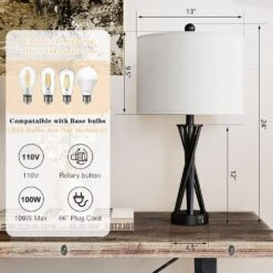 Cincinati 24 In. Black Modern Metal Bedroom Living Room Bedside Desk Nightstand Table Lamps Usb Port Set Of 2 -Lamp Parts black maxax table lamps t257 bk a0 1000