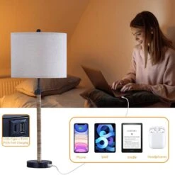 Cleveland 33 In. Black Modern Metal Bedroom Living Room Bedside Desk Tall Table Lamps USB Port Set Of 2 -Lamp Parts black maxax table lamps t261 bk 1f 1000