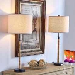 Cleveland 33 In. Black Modern Metal Bedroom Living Room Bedside Desk Tall Table Lamps USB Port Set Of 2 -Lamp Parts black maxax table lamps t261 bk c3 1000