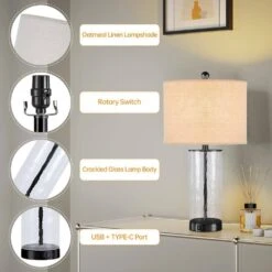 23.5 In. Black Modern Dimmable Glass Bedroom Living Room Bedside Desk Nightstand Table Lamps USB Port (Set Of 2) -Lamp Parts black maxax table lamps t263 bk 1f 1000