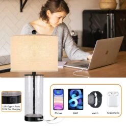 23.5 In. Black Modern Dimmable Glass Bedroom Living Room Bedside Desk Nightstand Table Lamps USB Port (Set Of 2) -Lamp Parts black maxax table lamps t263 bk 44 1000