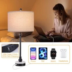 28.3 In. Black Modern Marble Bedroom Living Room Bedside Desk Nightstand Small Table Lamps USB Port (Set Of 2) -Lamp Parts black maxax table lamps t264 bk 44 1000