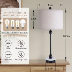 28.3 In. Black Modern Marble Bedroom Living Room Bedside Desk Nightstand Small Table Lamps USB Port (Set Of 2) -Lamp Parts black maxax table lamps t264 bk 4f 1000