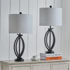 26 In. Black Modern Dimmable Metal Bedroom Living Room Bedside Desk Nightstand Table Lamps (Set Of 2) -Lamp Parts black maxax table lamps t81 bk 44 1000