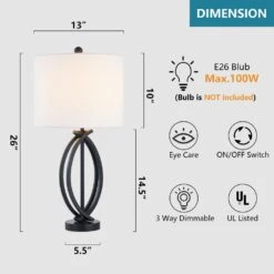 26 In. Black Modern Dimmable Metal Bedroom Living Room Bedside Desk Nightstand Table Lamps (Set Of 2) -Lamp Parts black maxax table lamps t81 bk 4f 1000