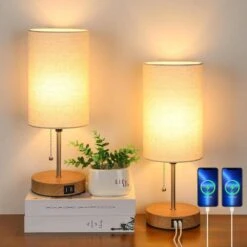 (Set Of 2) 16.4 In. Table Lamps With 2 USB Ports And Cream Fabric Shade