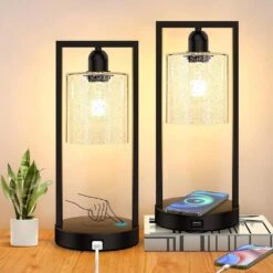 Set Of 2 16 In. Dimmable Bedside Nightstand Lamps With USB Port, Black