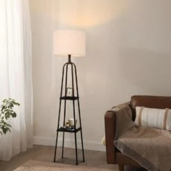 57.8 In. Modern Black Standard Floor Lamps With Shelves And Beige Linen Shade -Lamp Parts black pia ricco floor lamps 1jay 60005 1d 1000