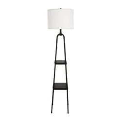 57.8 In. Modern Black Standard Floor Lamps With Shelves And Beige Linen Shade
