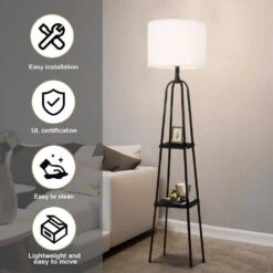 57.8 In. Modern Black Standard Floor Lamps With Shelves And Beige Linen Shade -Lamp Parts black pia ricco floor lamps 1jay 60005 d4 1000