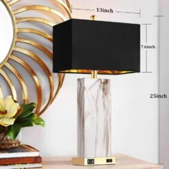 25 In. White Touch Table Lamps, Bedside Lamps With 2 USB Ports And Black Shade, 3-Way Dimmable End Lamp For Living Room -Lamp Parts black rottogoon table lamps palp228ab2 1d 1000