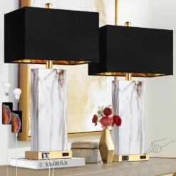 25 In. White Touch Table Lamps, Bedside Lamps With 2 USB Ports And Black Shade, 3-Way Dimmable End Lamp For Living Room