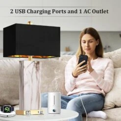 25 In. White Touch Table Lamps, Bedside Lamps With 2 USB Ports And Black Shade, 3-Way Dimmable End Lamp For Living Room -Lamp Parts black rottogoon table lamps palp228ab2 66 1000