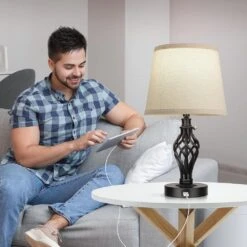 16 In. Farmhouse Bedside Lamps (Set Of 2) W/ USB Ports, Black Table Lamp Cream Drum Shade Spiral Cage Base Without Bulb -Lamp Parts black rottogoon table lamps palp379ab2 1d 1000