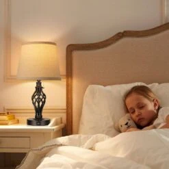 16 In. Farmhouse Bedside Lamps (Set Of 2) W/ USB Ports, Black Table Lamp Cream Drum Shade Spiral Cage Base Without Bulb -Lamp Parts black rottogoon table lamps palp379ab2 31 1000