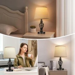 16 In. Farmhouse Bedside Lamps (Set Of 2) W/ USB Ports, Black Table Lamp Cream Drum Shade Spiral Cage Base Without Bulb -Lamp Parts black rottogoon table lamps palp379ab2 66 1000