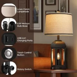 26 In. Black Paint Table Lamps With USB A+C And Night Light, Rustic Bedside Lamps With 3-Way Dimmable Touch Control -Lamp Parts black rottogoon table lamps qmlp404ab2 66 1000