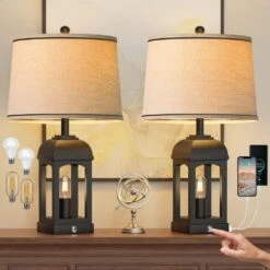 26 In. Black Paint Table Lamps With USB A+C And Night Light, Rustic Bedside Lamps With 3-Way Dimmable Touch Control -Lamp Parts black rottogoon table lamps qmlp404ab2 c3 1000