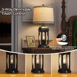 26 In. Black Paint Table Lamps With USB A+C And Night Light, Rustic Bedside Lamps With 3-Way Dimmable Touch Control -Lamp Parts black rottogoon table lamps qmlp404ab2 e1 1000