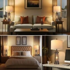 26 In. Farmhouse Frosted Glass Table Lamps With Beige Fabric Shade, Black Rustic Bedside Lamp For Bedroom With USB Ports -Lamp Parts black rottogoon table lamps qmlp426ab2 31 1000