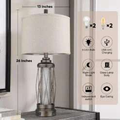 26 In. Farmhouse Frosted Glass Table Lamps With Beige Fabric Shade, Black Rustic Bedside Lamp For Bedroom With USB Ports -Lamp Parts black rottogoon table lamps qmlp426ab2 66 1000