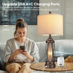 26 In. Farmhouse Frosted Glass Table Lamps With Beige Fabric Shade, Black Rustic Bedside Lamp For Bedroom With USB Ports -Lamp Parts black rottogoon table lamps qmlp426ab2 e1 1000