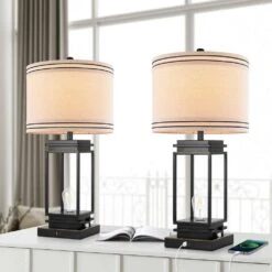 28 In. Black Table Lamp Set ((Set Of 2)) Dimmable Farmhouse Table Lamps With Shape And USB Ports -Lamp Parts black table lamps fxfgtdhs c3 1000