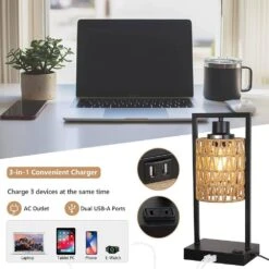 15 In. H Black Charging Rattan Table Lamps With AC Outlet And 2 USB Ports, Lamp Woven Shade,2 Bulbs Included (Set Of 2) -Lamp Parts black table lamps ym sn5382 1d 1000