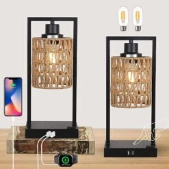 15 In. H Black Charging Rattan Table Lamps With AC Outlet And 2 USB Ports, Lamp Woven Shade,2 Bulbs Included (Set Of 2) -Lamp Parts black table lamps ym sn5382 31 1000