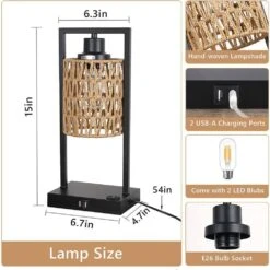 15 In. H Black Charging Rattan Table Lamps With AC Outlet And 2 USB Ports, Lamp Woven Shade,2 Bulbs Included (Set Of 2) -Lamp Parts black table lamps ym sn5382 66 1000