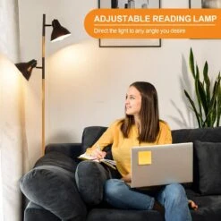 64 In. Modern Wooden Grain Finish 2-Light LED Energy Efficient Tree Floor Lamps With 2 Black Adjustable Horn Lamp Shapes -Lamp Parts black tozing floor lamps fl gz03 11 1f 1000