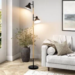 64 In. Modern Wooden Grain Finish 2-Light LED Energy Efficient Tree Floor Lamps With 2 Black Adjustable Horn Lamp Shapes -Lamp Parts black tozing floor lamps fl gz03 11 31 1000