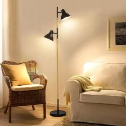 64 In. Modern Wooden Grain Finish 2-Light LED Energy Efficient Tree Floor Lamps With 2 Black Adjustable Horn Lamp Shapes -Lamp Parts black tozing floor lamps fl gz03 11 40 1000