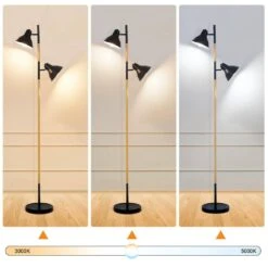64 In. Modern Wooden Grain Finish 2-Light LED Energy Efficient Tree Floor Lamps With 2 Black Adjustable Horn Lamp Shapes -Lamp Parts black tozing floor lamps fl gz03 11 44 1000