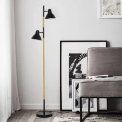 64 In. Modern Wooden Grain Finish 2-Light LED Energy Efficient Tree Floor Lamps With 2 Black Adjustable Horn Lamp Shapes -Lamp Parts black tozing floor lamps fl gz03 11 4f 1000