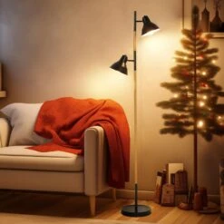64 In. Modern Wooden Grain Finish 2-Light LED Energy Efficient Tree Floor Lamps With 2 Black Adjustable Horn Lamp Shapes