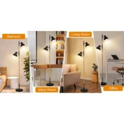 64 In. Modern Wooden Grain Finish 2-Light LED Energy Efficient Tree Floor Lamps With 2 Black Adjustable Horn Lamp Shapes -Lamp Parts black tozing floor lamps fl gz03 11 66 1000