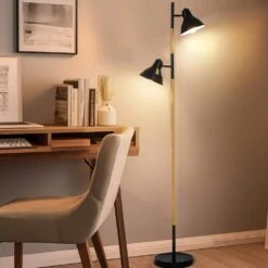 64 In. Modern Wooden Grain Finish 2-Light LED Energy Efficient Tree Floor Lamps With 2 Black Adjustable Horn Lamp Shapes -Lamp Parts black tozing floor lamps fl gz03 11 77 1000