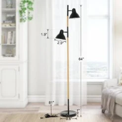 64 In. Modern Wooden Grain Finish 2-Light LED Energy Efficient Tree Floor Lamps With 2 Black Adjustable Horn Lamp Shapes -Lamp Parts black tozing floor lamps fl gz03 11 a0 1000