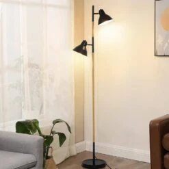 64 In. Modern Wooden Grain Finish 2-Light LED Energy Efficient Tree Floor Lamps With 2 Black Adjustable Horn Lamp Shapes -Lamp Parts black tozing floor lamps fl gz03 11 c3 1000