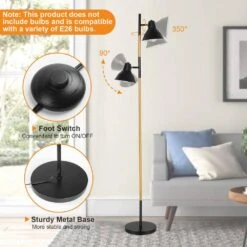 64 In. Modern Wooden Grain Finish 2-Light LED Energy Efficient Tree Floor Lamps With 2 Black Adjustable Horn Lamp Shapes -Lamp Parts black tozing floor lamps fl gz03 11 fa 1000