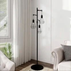 65.05 In. 3-Light Black Boho Metal Tree Standing Floor Lamps With Shades -Lamp Parts black uixe floor lamps ssl 62432 31 1000