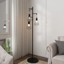 65.05 In. 3-Light Black Boho Metal Tree Standing Floor Lamps With Shades -Lamp Parts black uixe floor lamps ssl 62432 fa 1000