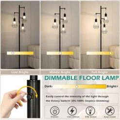 65 In. Black Boho Metal Dimmable Tree Standing Floor Lamps With 3 LED Edison Bulbs -Lamp Parts black uixe floor lamps ssl 62532 1 44 1000