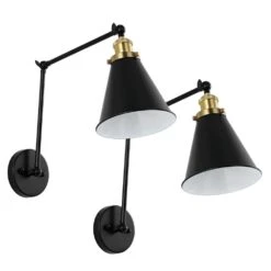 Black Swing Arm Adjustable Wall Lamps Hardwired Light Fixture Up Down Metal Shade (Set Of 2) -Lamp Parts black wall lamps wbwl y035 bk 1f 1000